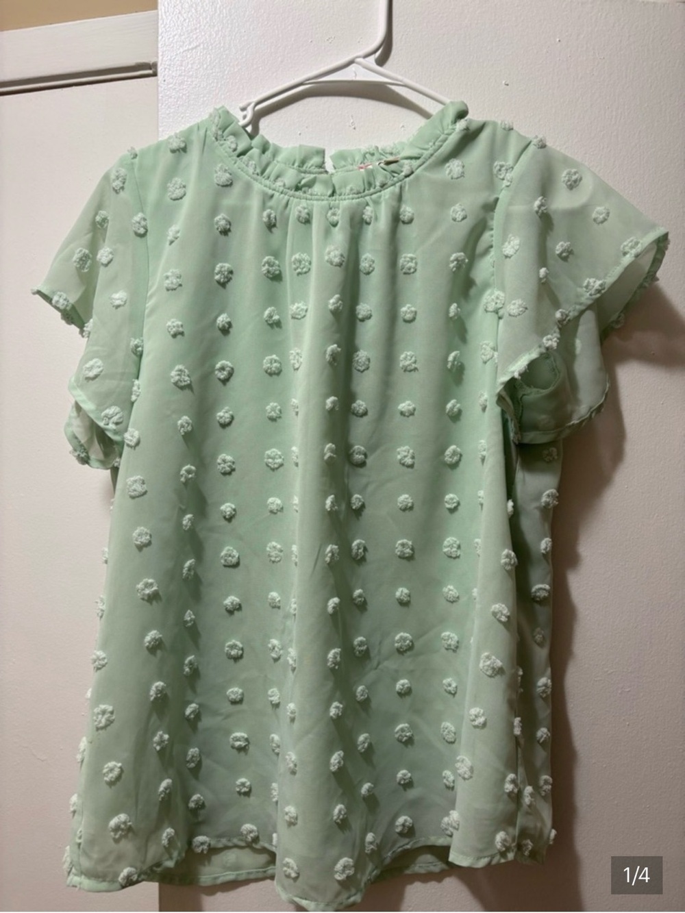Light Green Swiss Dot Flutter Sleeve Blouse